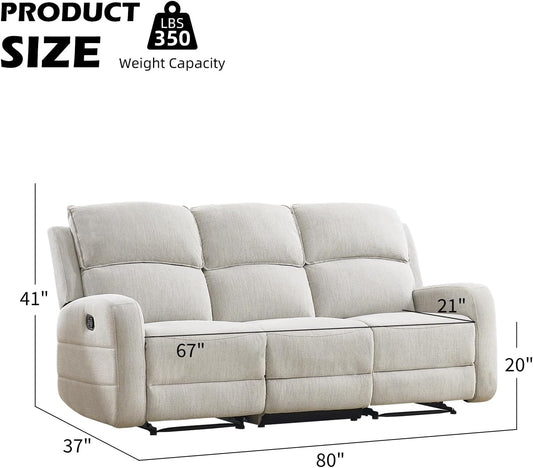 Manual Living Room Furniture Reclining Couch Set, Soft Fabric 3 Seat Sofa Recliner Sofa for Meeting Room, Overstuffed Backrest and Armrest