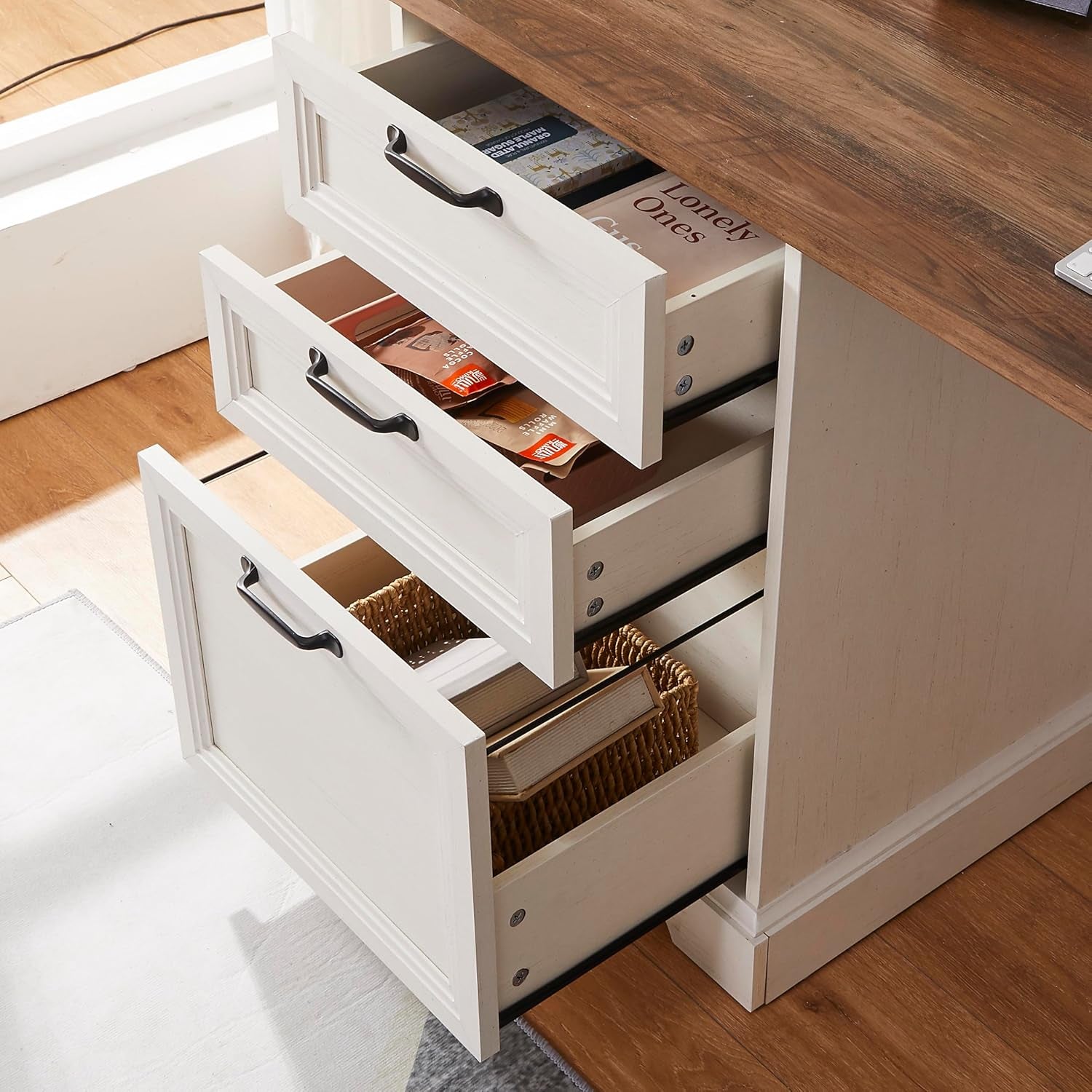 60"L-Shaped Executive Desk with 40"Adjustable File Cabinet,Farmhouse Home Office Desk with Charging Station,Office Desk with Storage Drawers,Wood Computer Desk Set for Office Work,Home Study