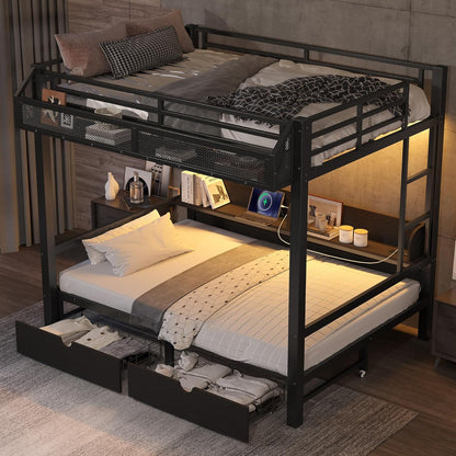 Full over Full Bunk Bed with Storage Shelves and Drawers, Metal Bunk Beds with Lights and USB Ports, Lower Bunkbed Can Be Converted, for Guest Room, Bedroom, Dorms, Muti-Function and Noise-Free, Black