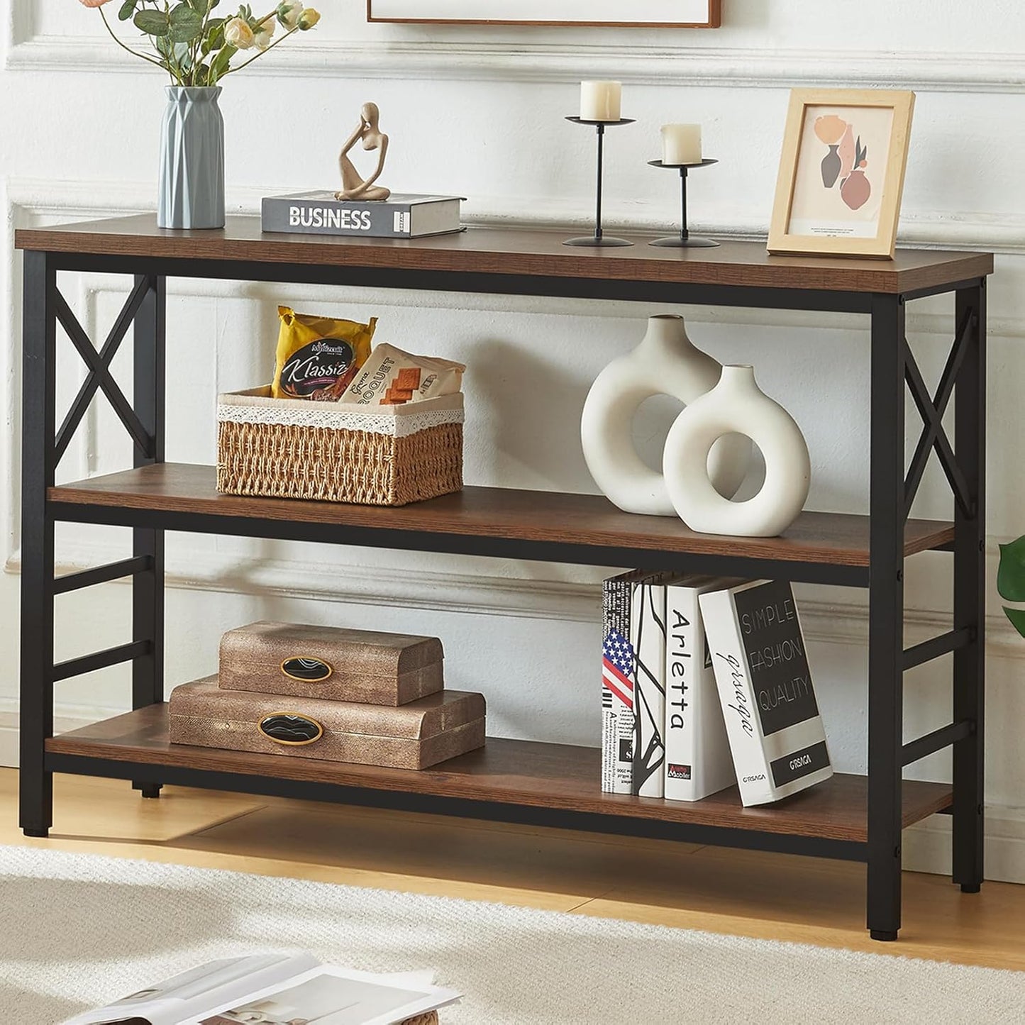 Sofa Table,Industrial Console Table with Storage,Entryway Table with Engineered Wood and Metal,Rustic 3 Tier Shelf for Living Room,Hallway,Brown,47 Inch