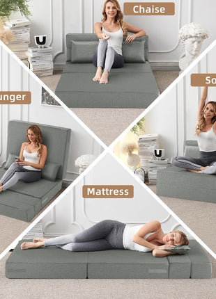 Folding Sofa Bed | Convertible Sleeper Chair for Adults, Linen Futon Chair with Pillow, Ideal for Home, Dorm, Apartment, and RV Living Rooms, Standard Size, Light Gray