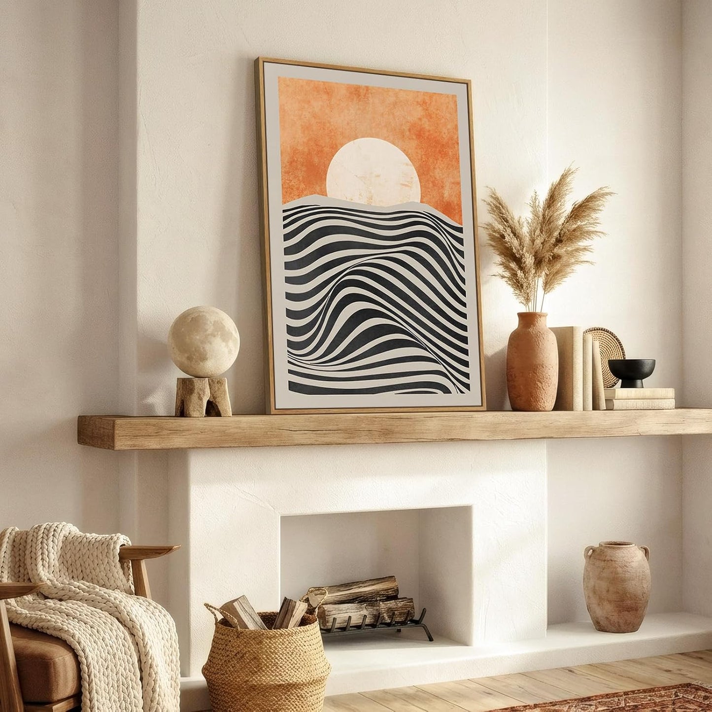 Framed Boho Abstract Sun Wall Art for Living Room, Orange Sunset Vertical Mid Century Modern Canvas Artwork for Walls, Bohemian Stripes Painting Print Wall Decor for Bedroom Home Office, 24X36 Inch