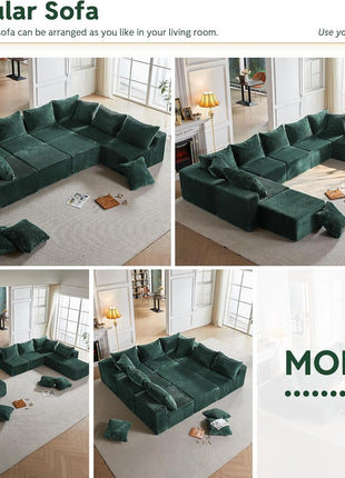 Luxurious 9-Seater U-Shaped Modular Sleeper Sofa with Ottomans in Elegant Green - No Assembly Required
