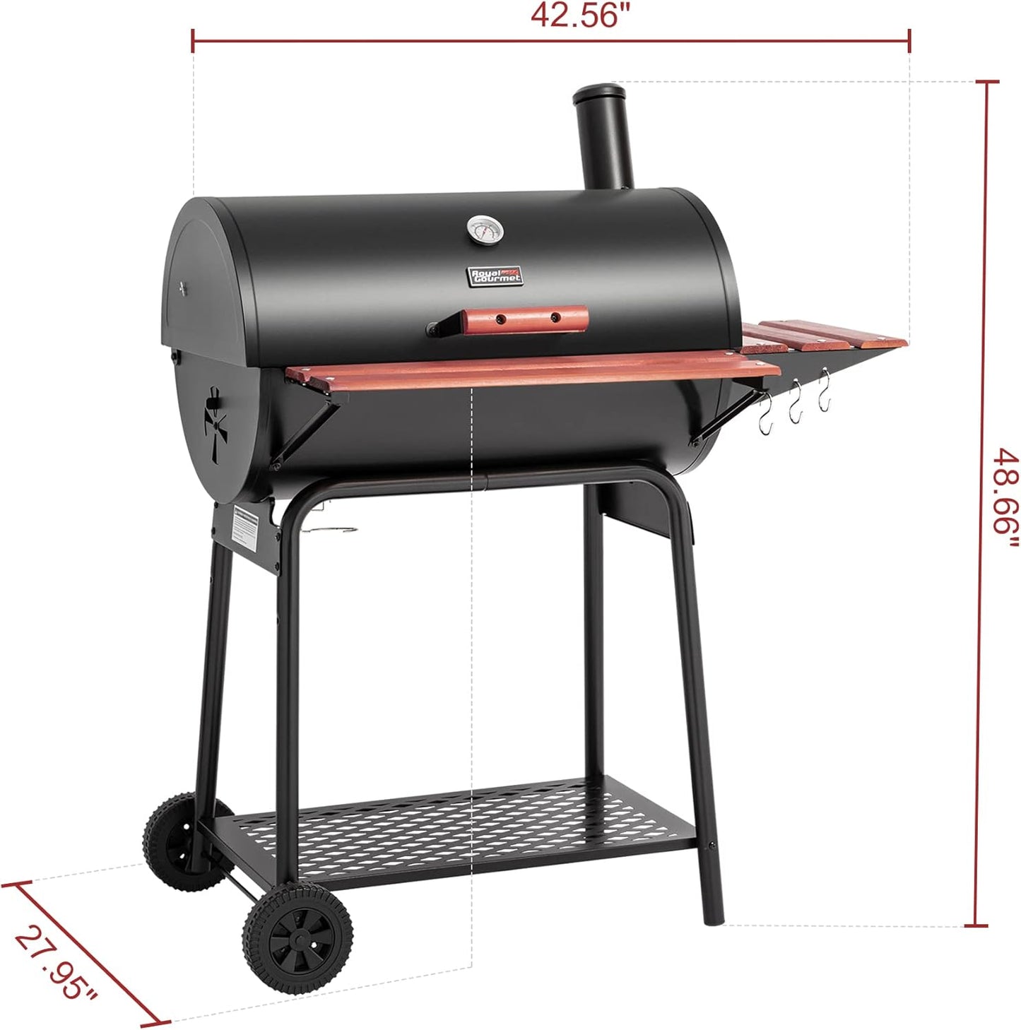 CC1830V 30 Barrel Charcoal Grill with Wood-Painted Side Front Table, 627 Square Inches Cooking Space, for Outdoor Backyard, Patio and Parties, Black