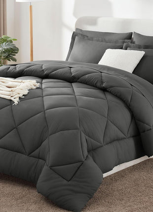 Queen Size 7-Piece Dark Grey Comforter Set - Luxury Soft All-Season Bedding Set with Comforter, Sheets, Pillowcases, and Shams