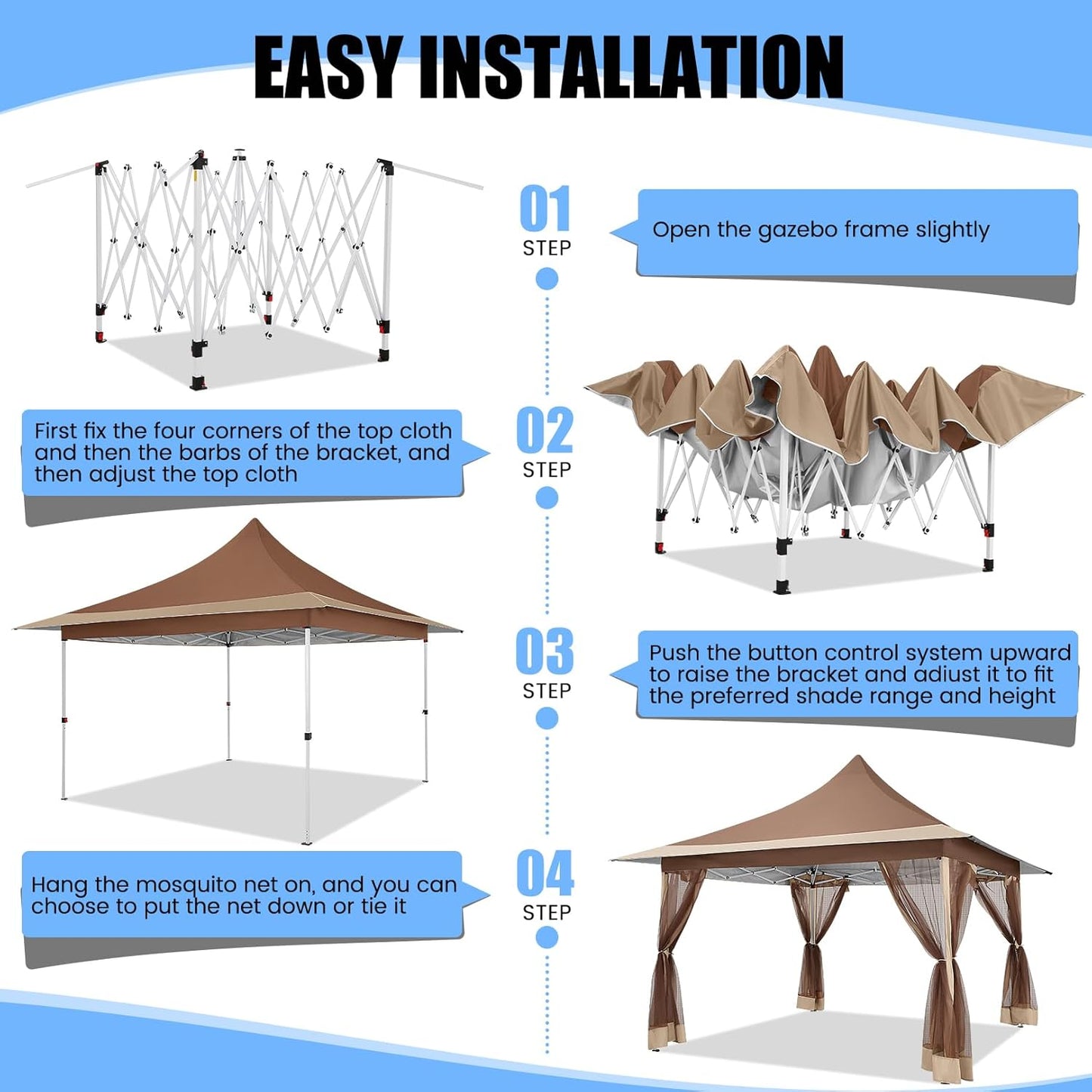 12X12 Pop up Canopy Gazebo on Clearance, Outdoor Canopy Tent with Mosquito Netting & Waterproof Roof & Sandbags & Carrying Bag,Patio Portable Gazebo for Garden,For Backyard,Brown