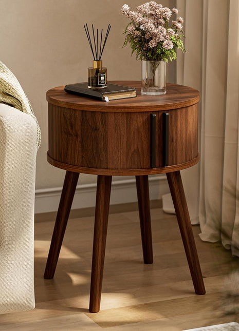 Contemporary Side Table with Sliding Door and Cabinet, Multi-functional End Table for Living Room and Nightstand for Bedroom, Solid Wood Legs in Walnut Finish
