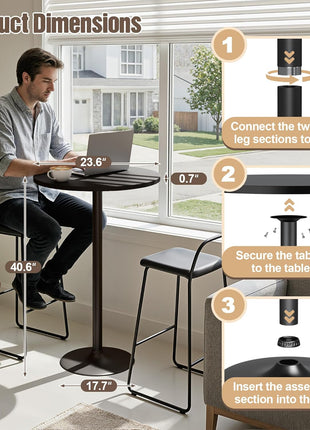 Round Bistro Pub Table - 40.6-Inch Bar Height Cocktail Table for Home Bar, Dining Room, Living Room, and Weddings with Metal Base and MDF Obsidian Top in Dark Black Finish