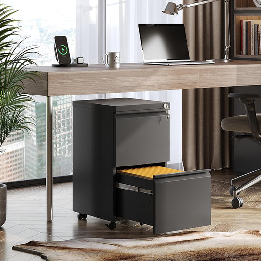 2 Drawer Metal File Cabinet, Fully Assembled, under Desk, Black, Lock, Fits Letter/Legal/A4 Size Files