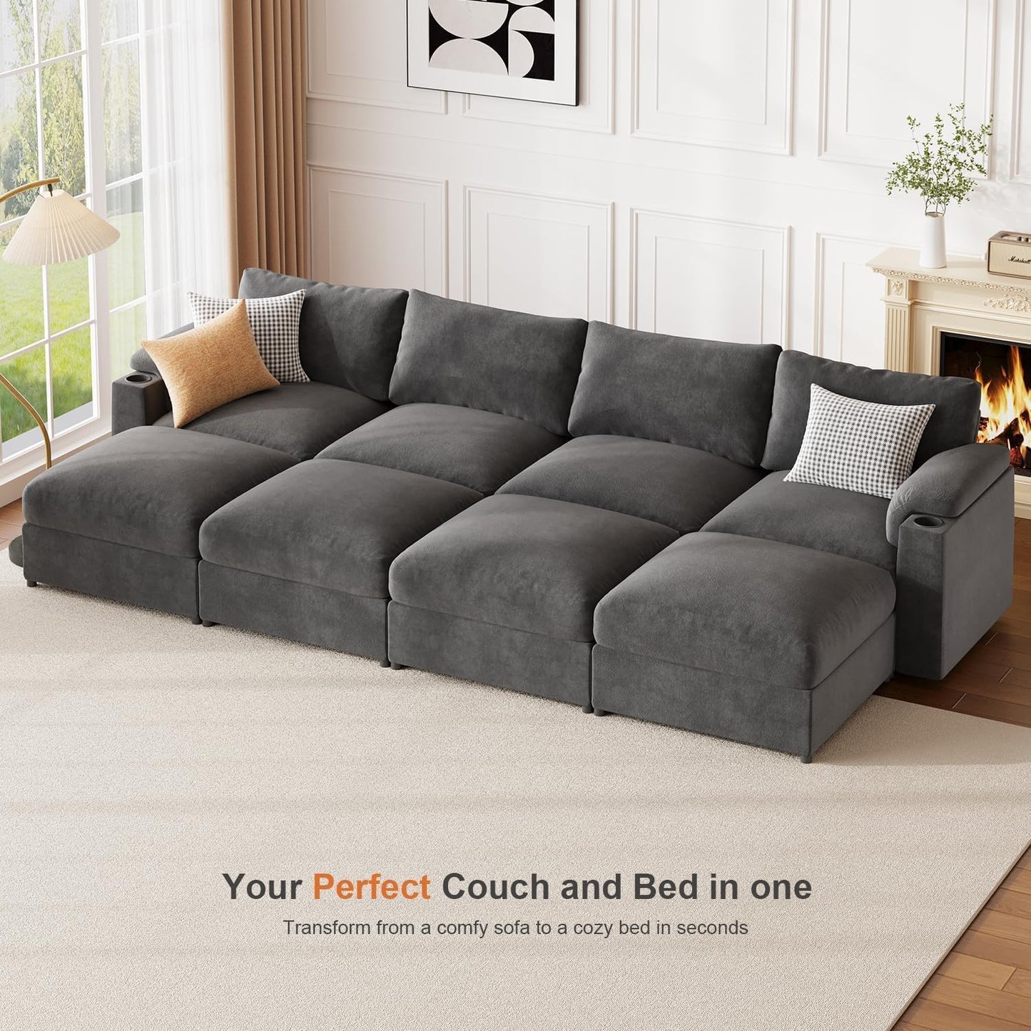 Modular Sectional Sofa Couch for Living Room Velvet Couches Oversized U Shaped Convertible Sleeper Sofa Chaise Detachable Armrest Cushion Cup Holder (Grey, 8 Seats)