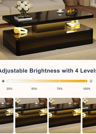 Contemporary 40-Inch LED-Illuminated Rectangular Coffee Table with Dual Tiers and Ample Storage, High Gloss Wooden Finish, Ideal for Living Room, Bedroom, and Office, Black