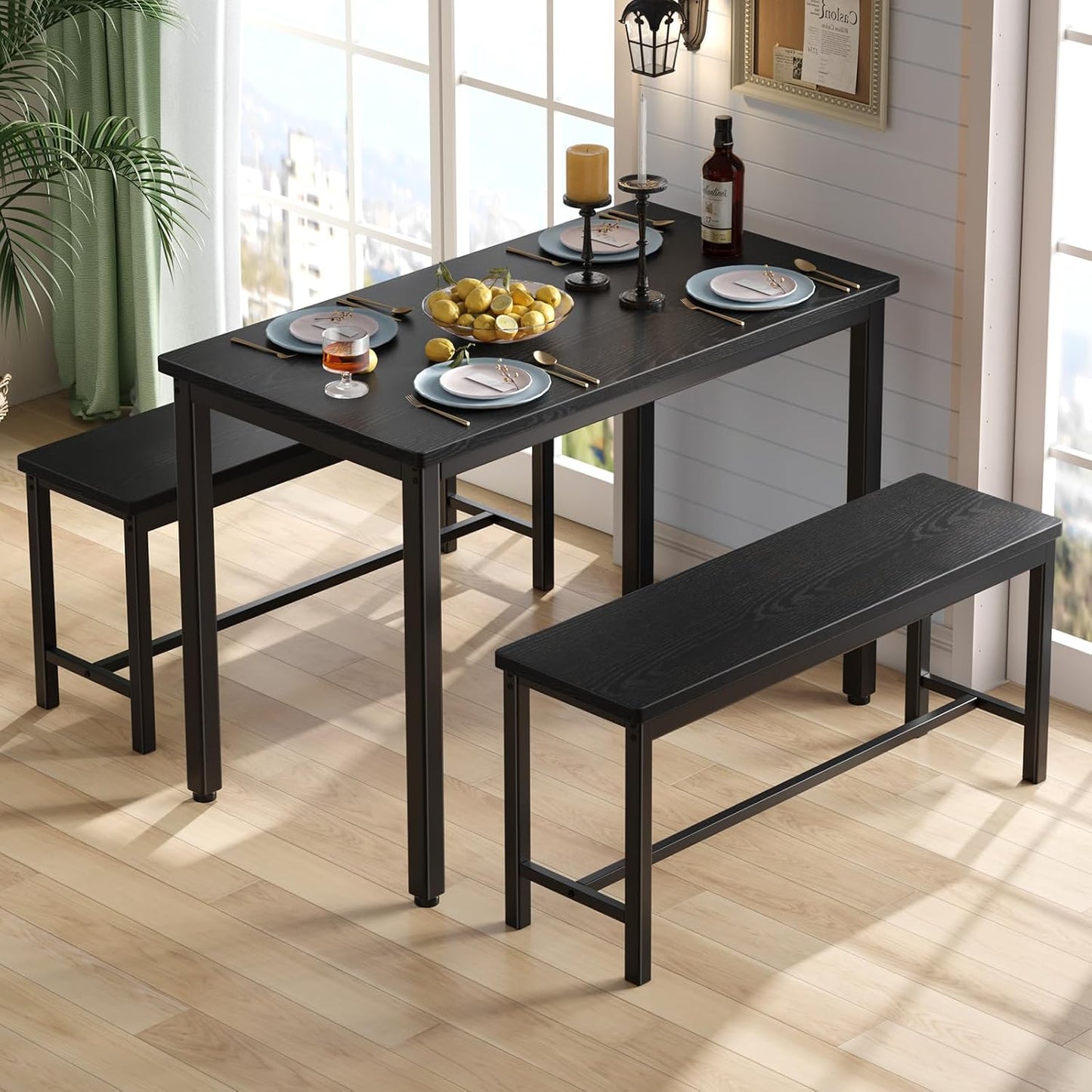 Dining Table Set for 4, 3-Piece Kitchen Table with 2 Benches, Space-Saving Dining Room Set for Breakfast Nook and Small Spaces, Black