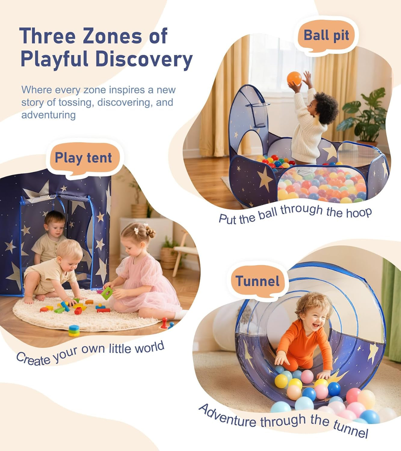 3PC Kids Play Tent with Tunnel and Ball Pit, Pop up Play Tents for Toddlers, Space World Playhouse for Indoor & Outdoor Use, Starry Sky Tent with Carry Bag, Ideal Gifts for Boys & Girls