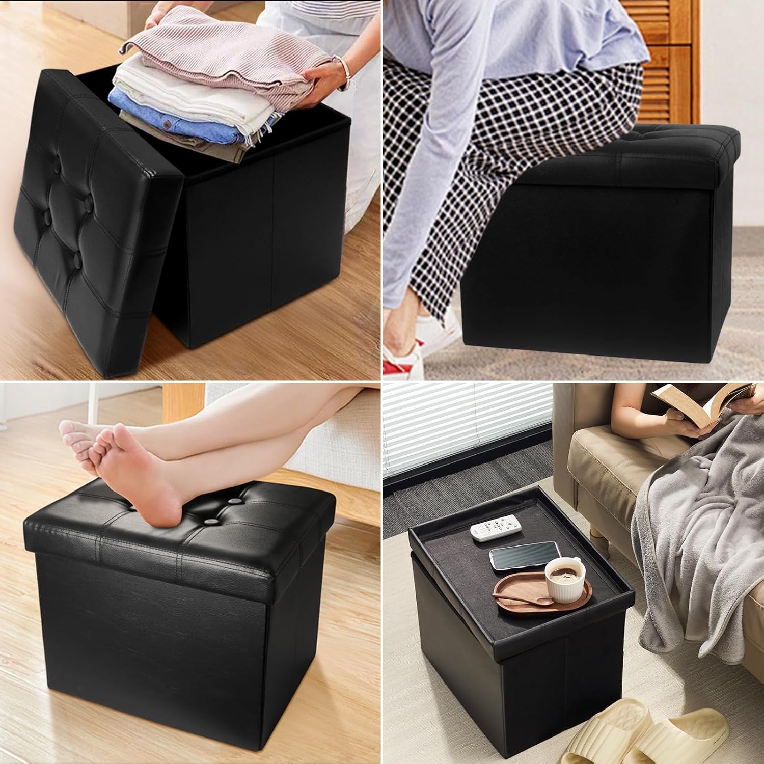 Storage Ottoman Folding Foot Rest Stool, Leather Footstool Bench, Short Ottoman Stool, Storage Foot Rest Store, Books (Black, 17" D X 13" W X 13" H)