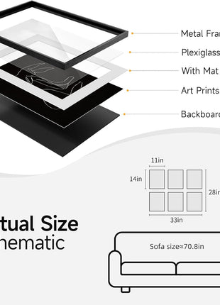 Framed Set of 6 Bohemian Black and White Modern Abstract Wall Art for Living Spaces, Minimalist Geometric Sun Prints for Bedroom, Office, and Bathroom Decor, 11x14 Inches