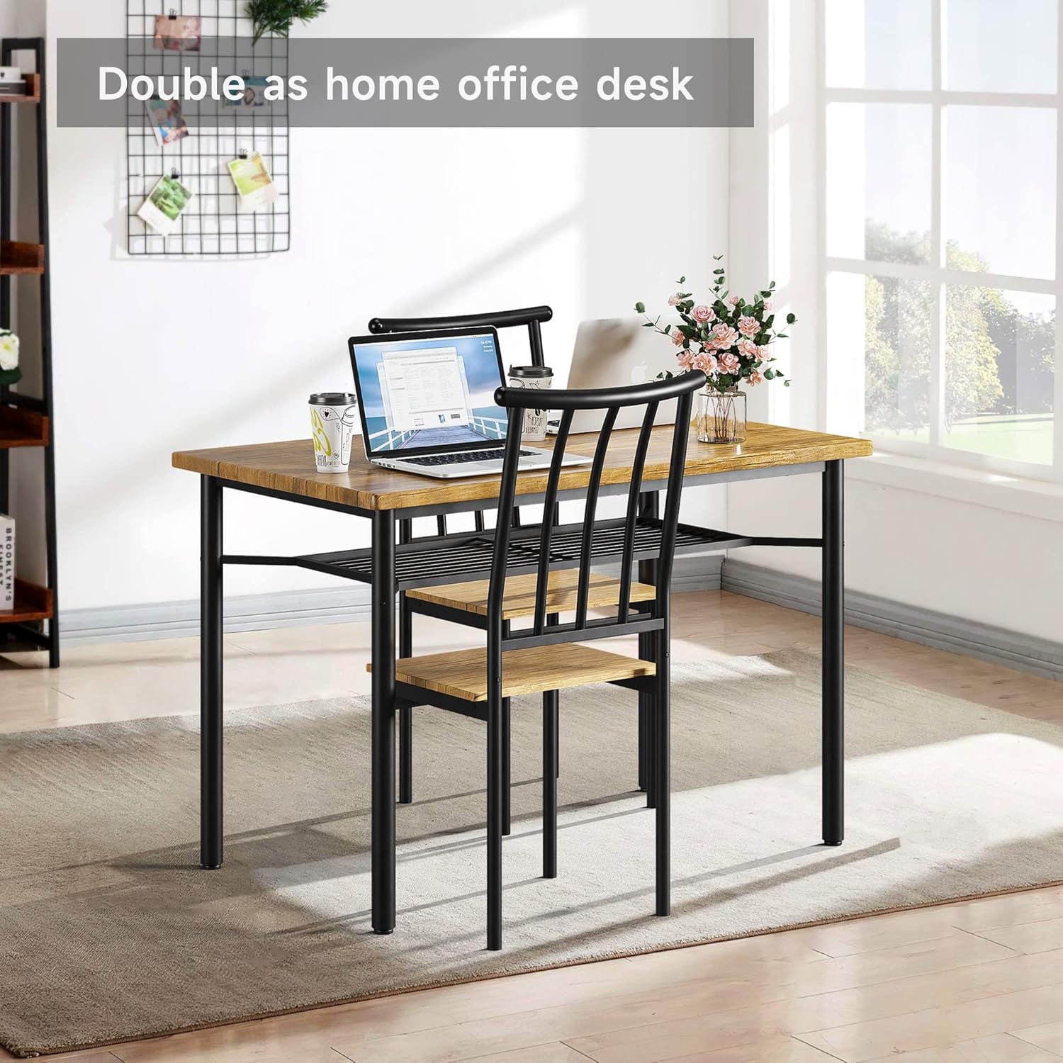 5 Piece Dining Table Set for 4, Kitchen Table and Chairs for 4 with Storage Rack, Metal and Wood Rectangular Dining Room Table Set for Kitchen, Dining Room, Dinette, Rustic Brown