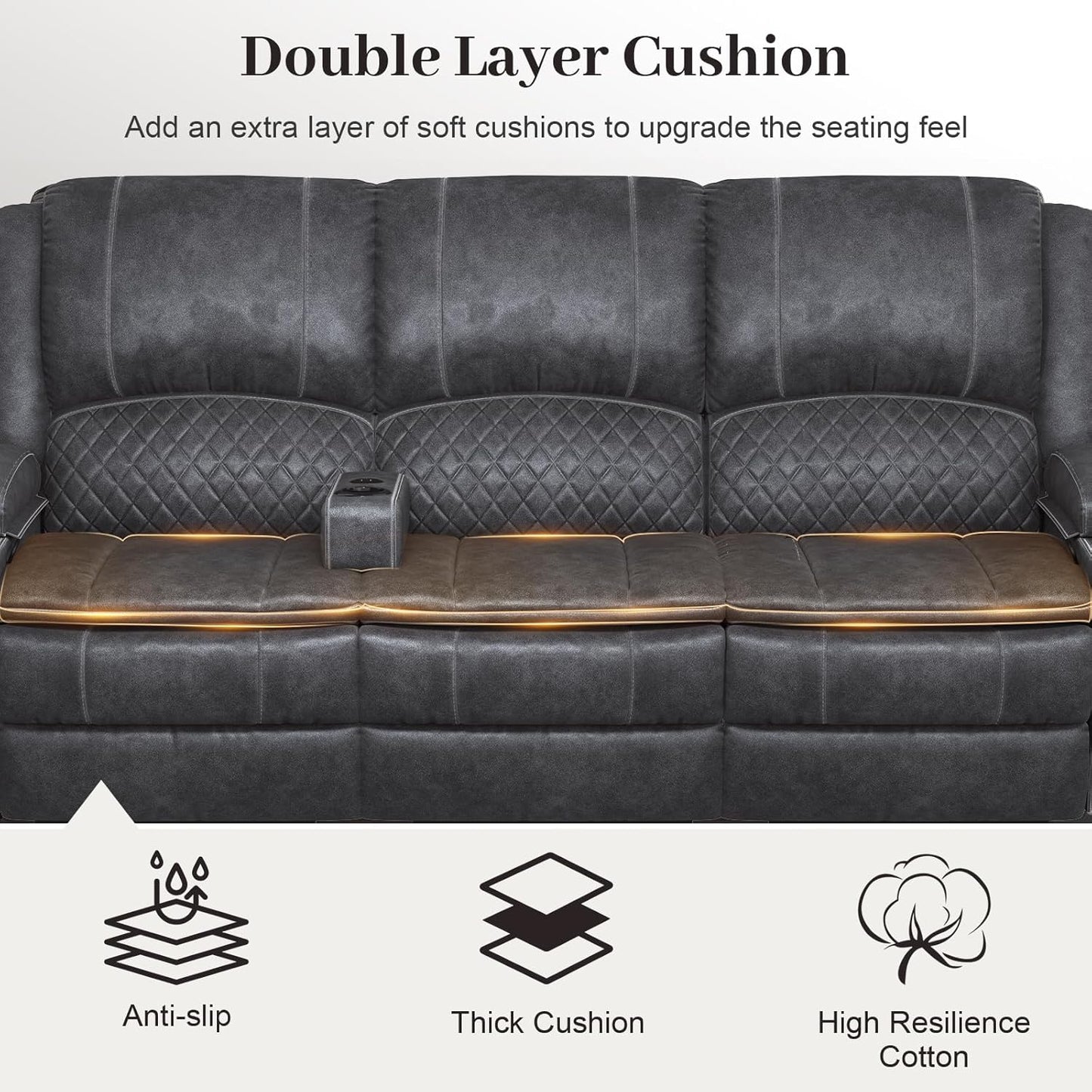 3-Seater Recliner Sofa, Manual Reclining Couch with Multi-Functional Middle Seat, Reclining Sofa for Living Room with Hidden Storage Space, Cup Holders, and Removable Console - Velvet Grey