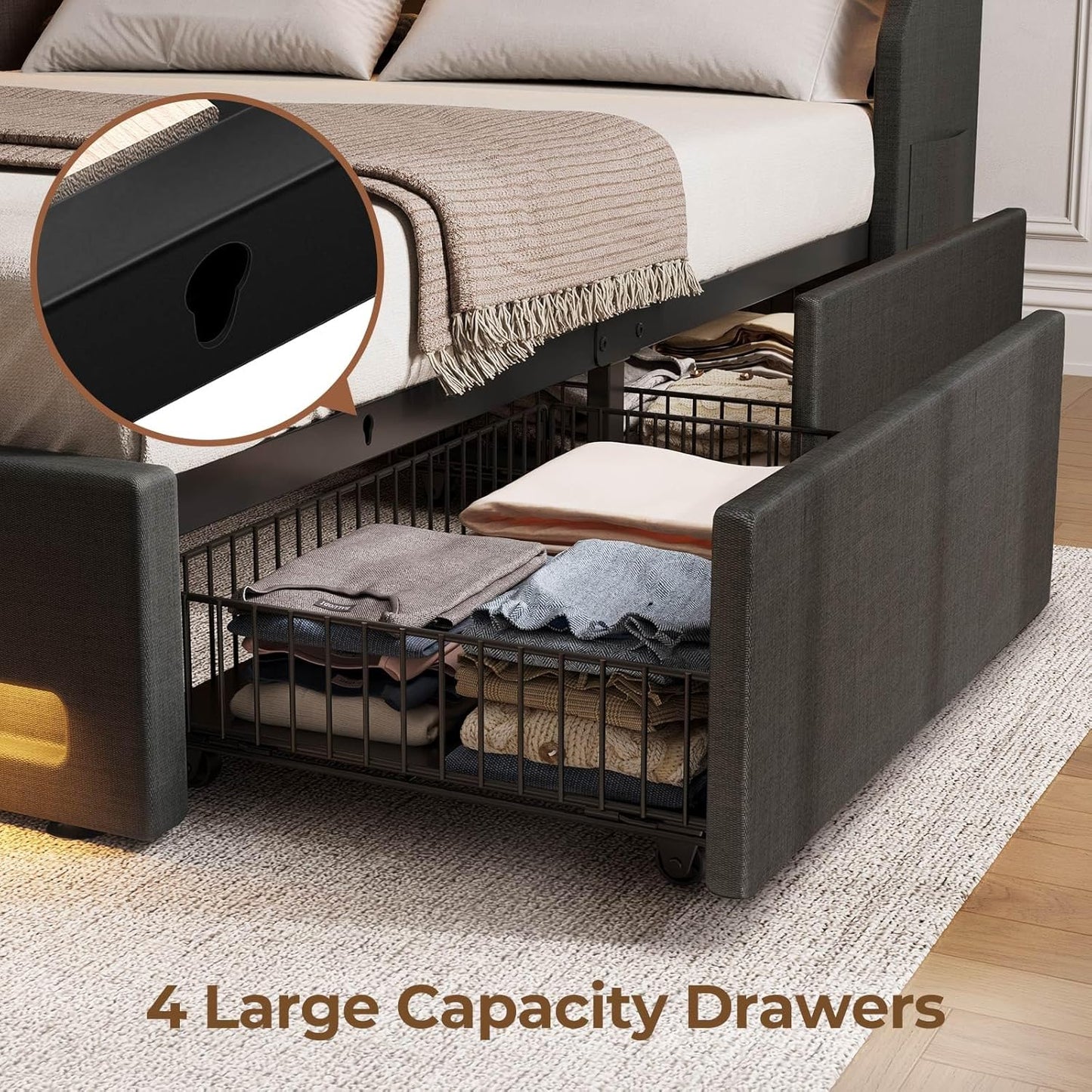 Full Bed Frame with LED Lights and Charging Station, Upholstered Bed with Drawers, Wooden Slats, Noise Free, Easy Assembly, Dark Gray