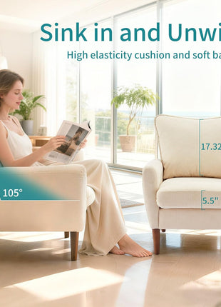 Mid-Century Upholstered Accent Chair with Pillow and Solid Wood Legs for Living Room, Bedroom, and Waiting Areas - Wide Single Modern Lounge Sofa in Beige