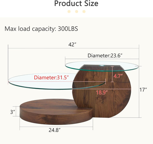 Modern Glass Coffee Table,Small round Coffee Tables, 42" 3-Tier Circle Wood Coffee Table for Living Room Rustic Circle Center Cocktail Table with Tempered Glass, Unique Accent Table for Small Spaces