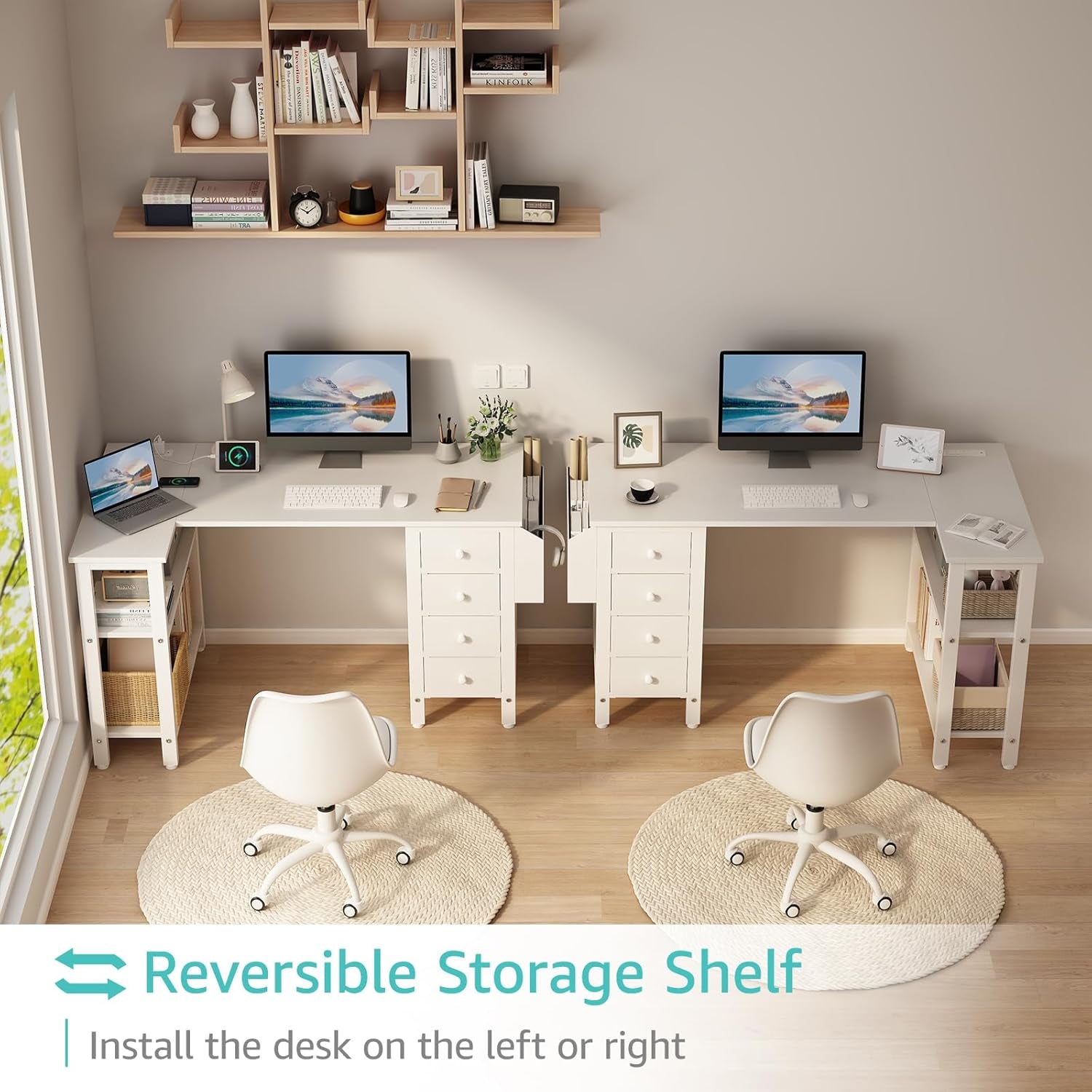 White L Shaped Computer Desk with Drawers & Storage Shelves, 47 Inch Corner Reversible Desk with Power Outlet for Home Office Bedroom, L-Shaped Teen PC Desks with Fabric Drawer, White