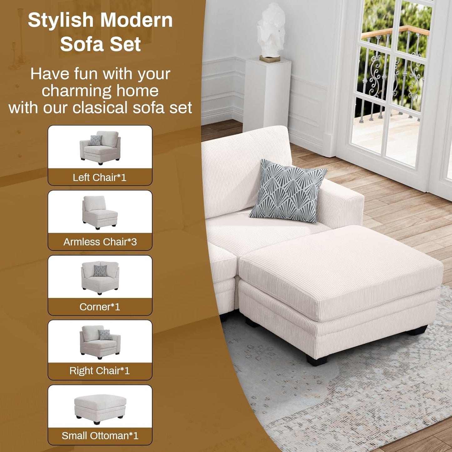 Oversized Modular Sectional Sofa,7 Seat U Shaped Couch with Ottoman,Corduroy Sofa with Deep Seat,Convertible Large Sectional Couches for Living Room(Cream, L-7)