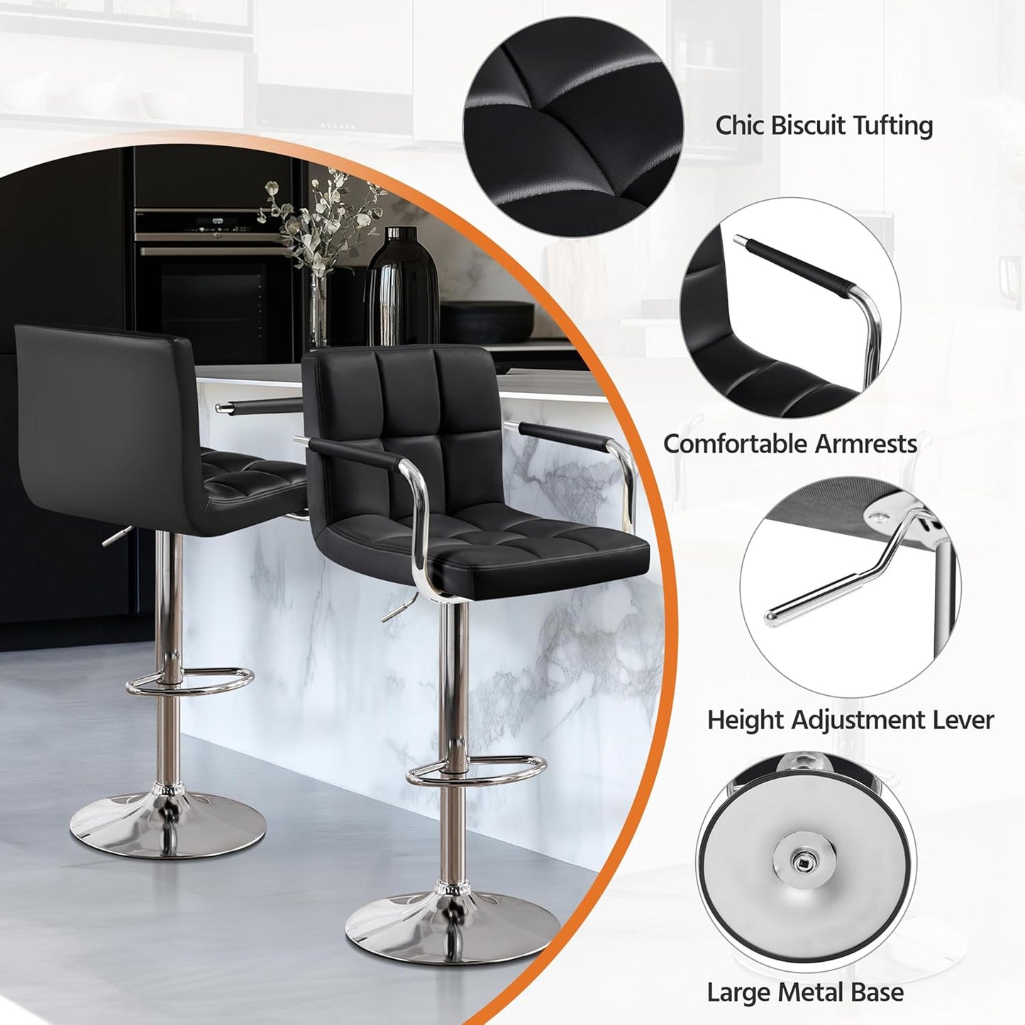 Bar Stools Set of 2, PU Leather Height Adjustable Swivel Barstools, Hydraulic Kitchen Counter Height Bar Chairs with Armrest and Back for Kitchen, Dining Room, Black