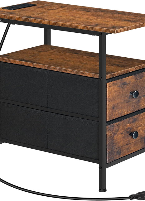 Slim End Table with Integrated Charging Station and Dual Non-Woven Drawers, Space-Saving Design in Rustic Brown and Black Finish, Ideal for Living Room and Bedroom Use
