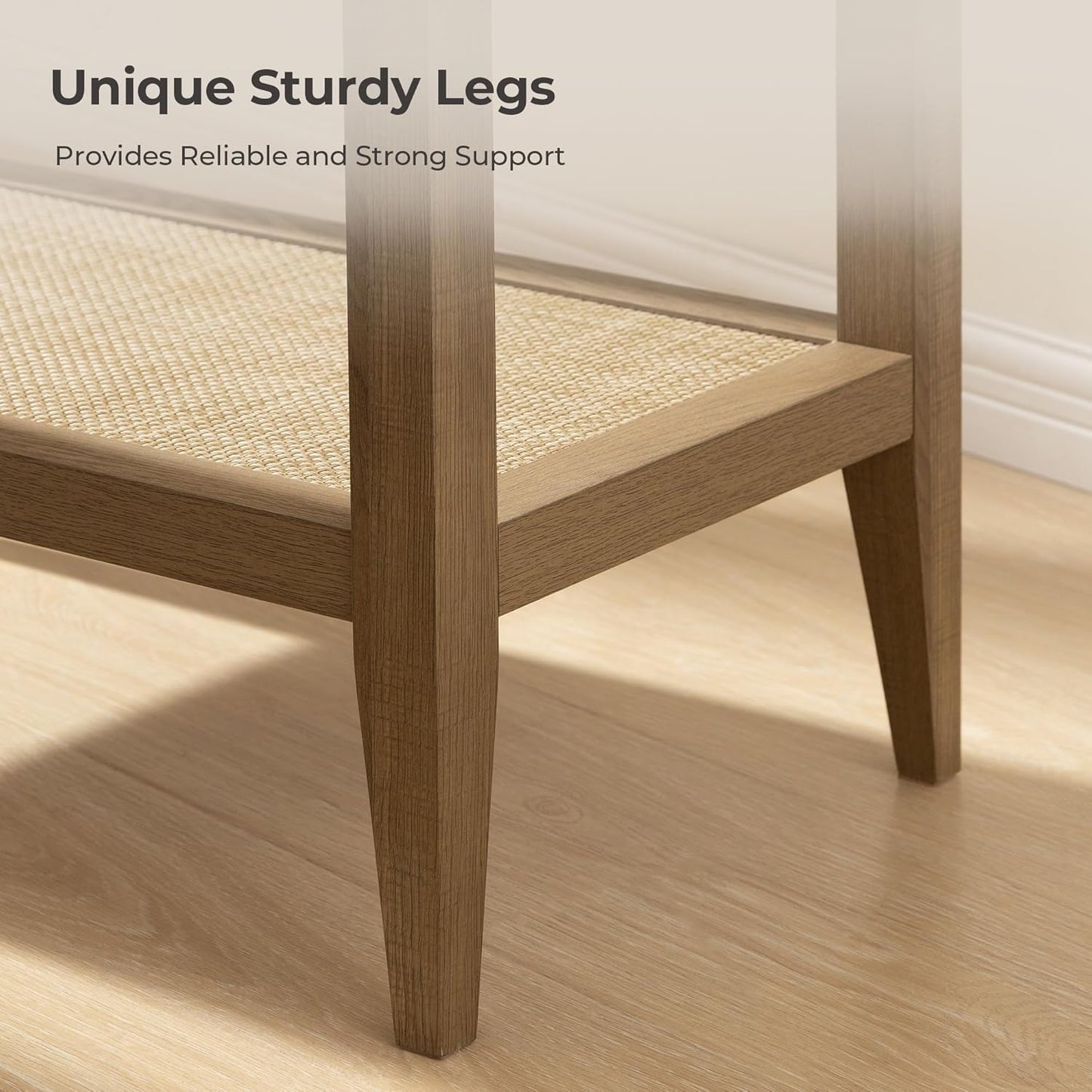 Rattan Night Stand Bedside Table - Farmhouse Boho Narrow End Table for Living Room - Accent Side Table with 2 Rattan Open Storage Shelves for Bedroom, Small Spaces