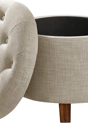 Round Storage Ottoman Footrest - Button-Tufted Upholstered Footstool with Storage, Durable Linen Fabric for Living Room and Bedroom, 20" x 17", Beige