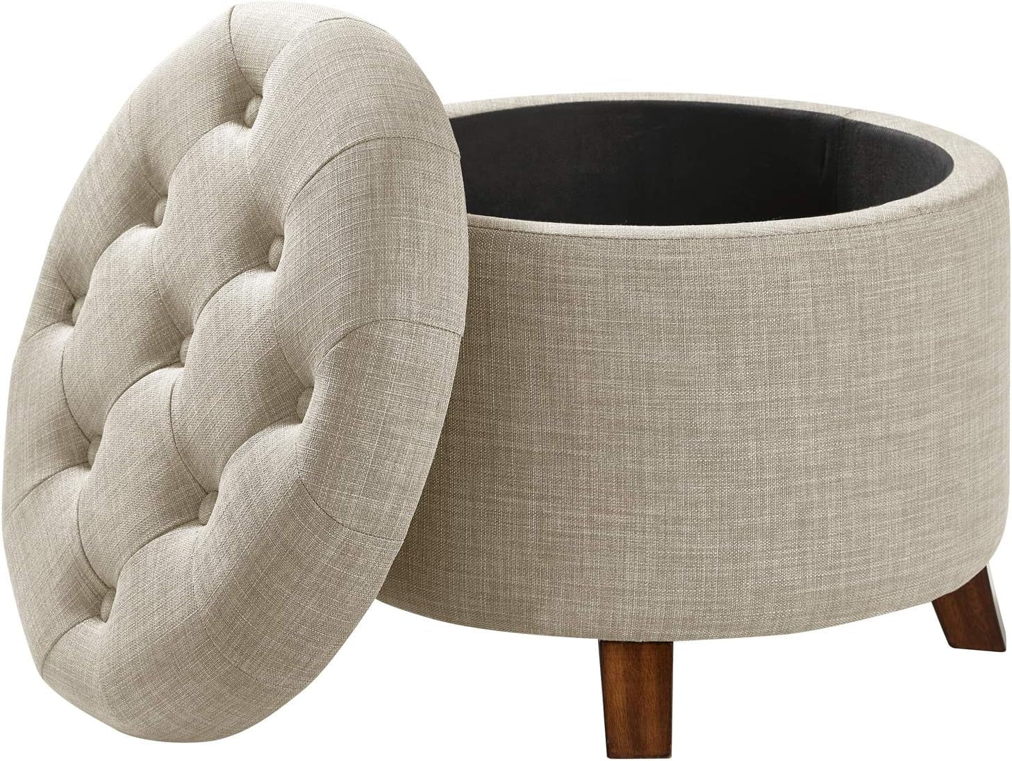 round Linen Ottoman with Storage, Tufted Upholstered Footstool for Living Room and Bedroom, 20" X 17", Linen Burlap Beige