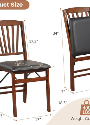 Set of 2 Folding Dining Chairs, Upholstered Wooden Chairs with PVC Padded Seat, Solid Wood Frame, 400LBS Capacity for Kitchen and Apartment (Black & Brown)