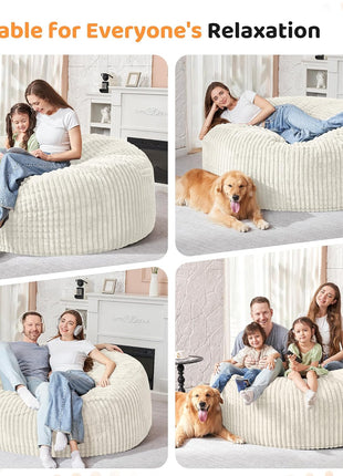 Large 3-Foot Bean Bag Chair for Adults with Striped Plush Cover and Memory Foam, Perfect for Living Room, Bedroom, or Dorm - White