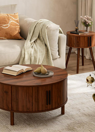 Contemporary Side Table with Sliding Door and Cabinet, Multi-functional End Table for Living Room and Nightstand for Bedroom, Solid Wood Legs in Walnut Finish