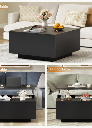 Lift-Top Coffee Table with Concealed Storage, Square Wood Design for Living Room and Home Office, Black Finish