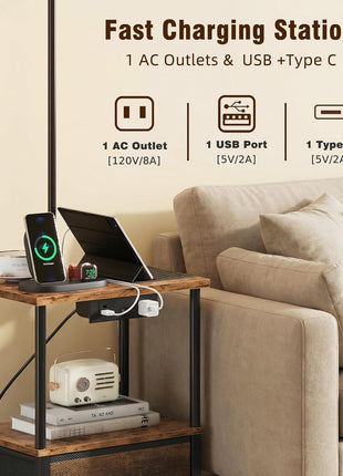 Set of 2 Rustic Brown Floor Lamps with End Tables, Integrated Charging Station and USB Ports, Nightstands with Fabric Drawers, 3 Color Temperature LED Lighting for Living Room and Bedroom, 14.9" W