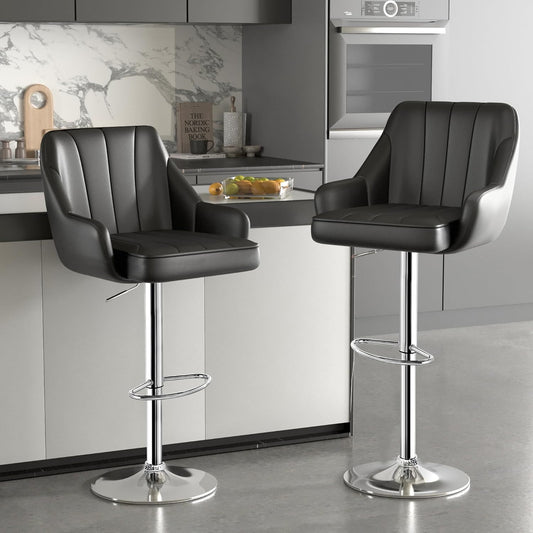 Bar Stools Set of 2, Adjustable Barstools, Counter Height Stools with Back and Arm, Kitchen Island Stools, Swivel PU Chairs for Pub, Dining Room, Modern Style, Black