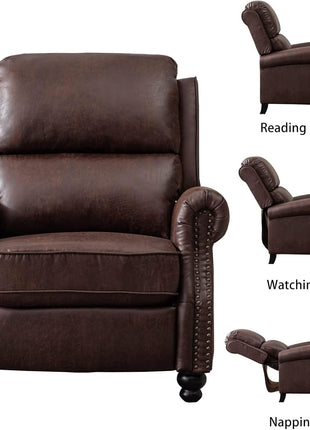 Pushback Recliner Chair in Faux Leather with Rivet Accents - Reddish Brown Single Sofa Accent Chair for Living Room