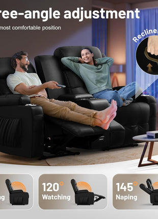 Luxury Loveseat Recliner Sofa for Home Theater, Featuring Massage Function, USB Port, Center Console, Wall Hugger Design, 145° Recline, Cup Holders, and Side Pockets - Ideal for RV and Movie Rooms