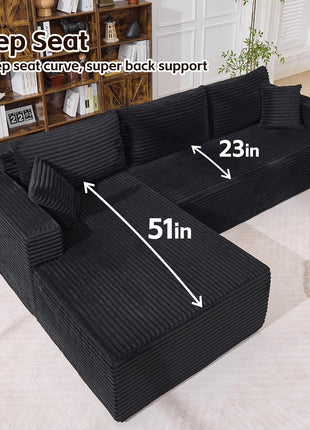 108" Modular Sectional Sofa with Oversized Chaise - L-Shaped Cloud Couch in Plush Corduroy Black, Featuring High-Density Memory Foam and a Deep Seat, No Assembly Required