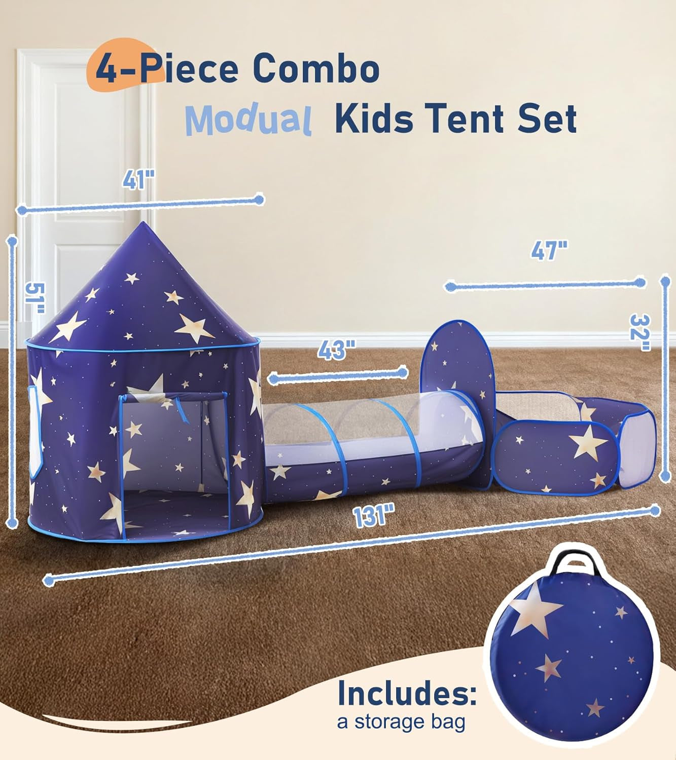 3PC Kids Play Tent with Tunnel and Ball Pit, Pop up Play Tents for Toddlers, Space World Playhouse for Indoor & Outdoor Use, Starry Sky Tent with Carry Bag, Ideal Gifts for Boys & Girls