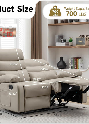 Beige Reclining Loveseat - Anti-Scratch Leather Double Recliner Sofa with Side Pocket for Living Room, RV, and Home Theater