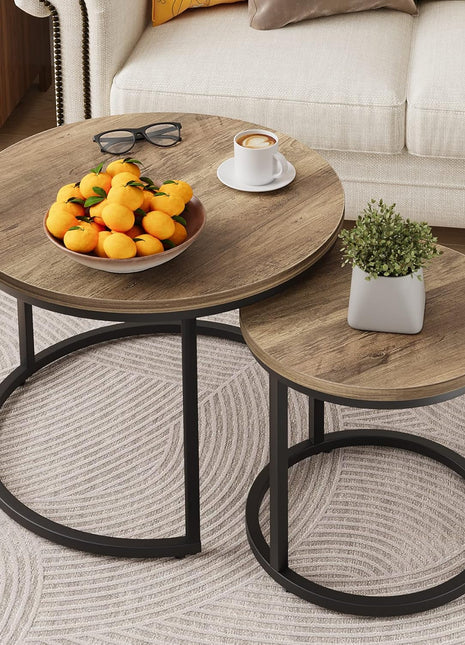 Set of 2 Round Nesting Coffee Tables with 23.6" Wood Grain Top and Adjustable Non-Slip Feet, Industrial Style End Tables for Living Room, Bedroom, Balcony, and Outdoor Use