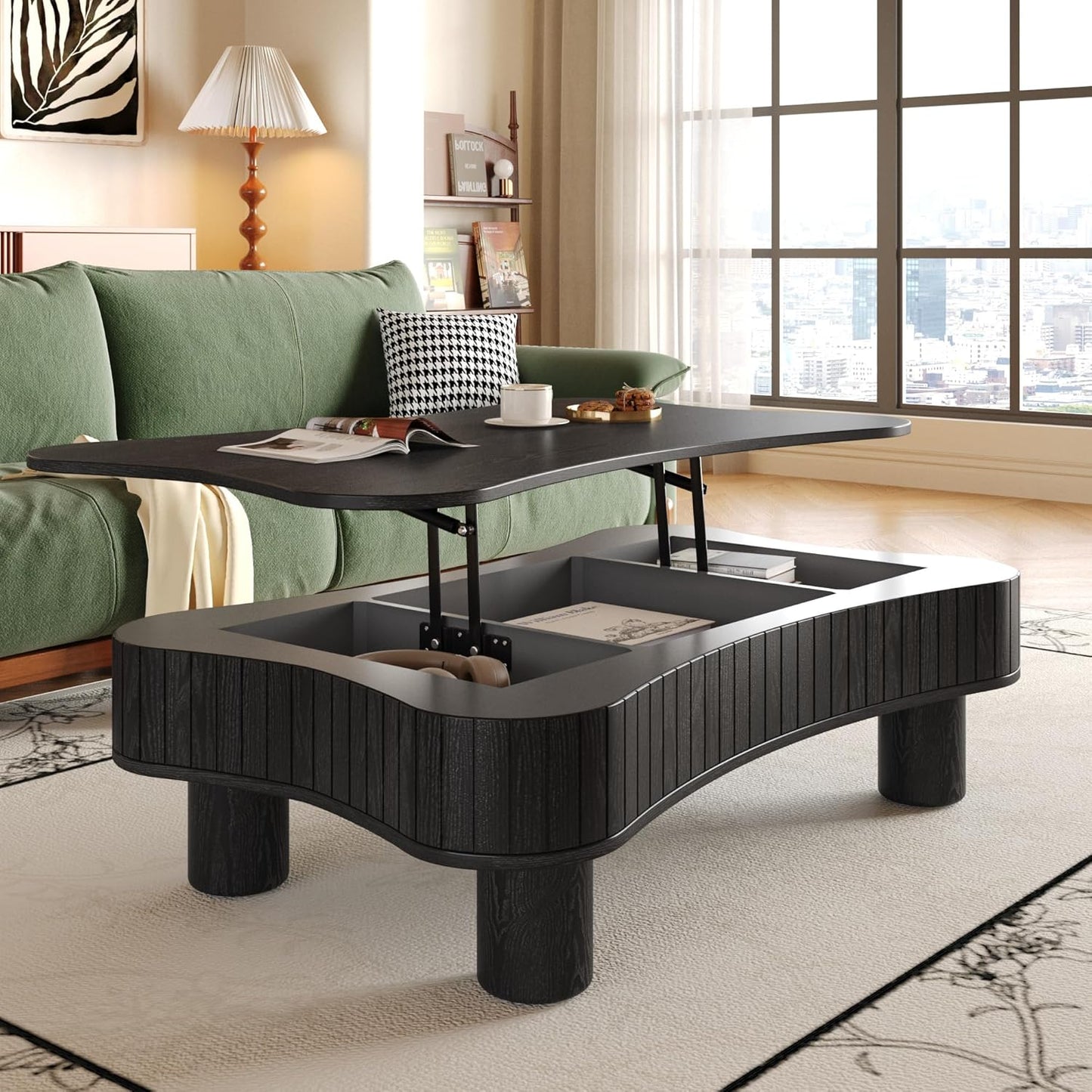 42.52'' Cloud Coffee Table with Lifting Top for Living Room Irregular Coffee Table with Lift Top Modern Smart Coffee Tables with Storage Unique Center Tables Low Pull up Tea Tables Black