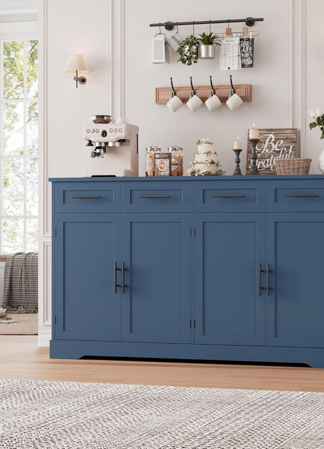 60-Inch Large Buffet Sideboard with Storage - 36-Inch Tall Kitchen Cabinet Featuring 4 Drawers, Modern Coffee Bar Design with Black Handles in Blue Finish