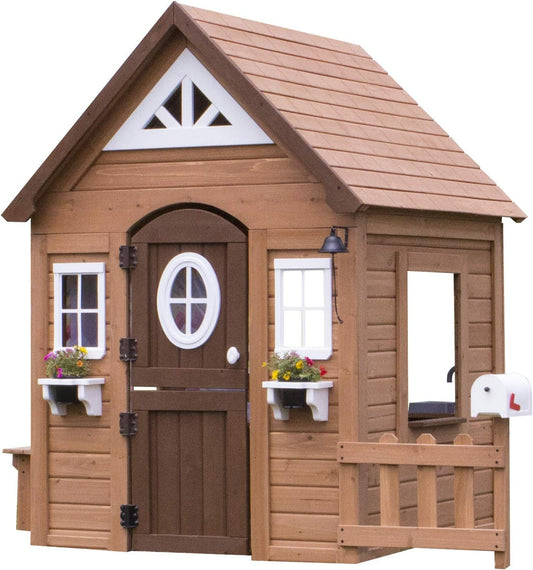 Aspen Cedar Wooden Kids Playhouse Cottage with Play Kitchen, Snack Bar, Picnic Bench, Dinner Bell, Mailbox, Dutch Door, Flowerpot Holders, Toy Lights, Country Style for Outdoor Play