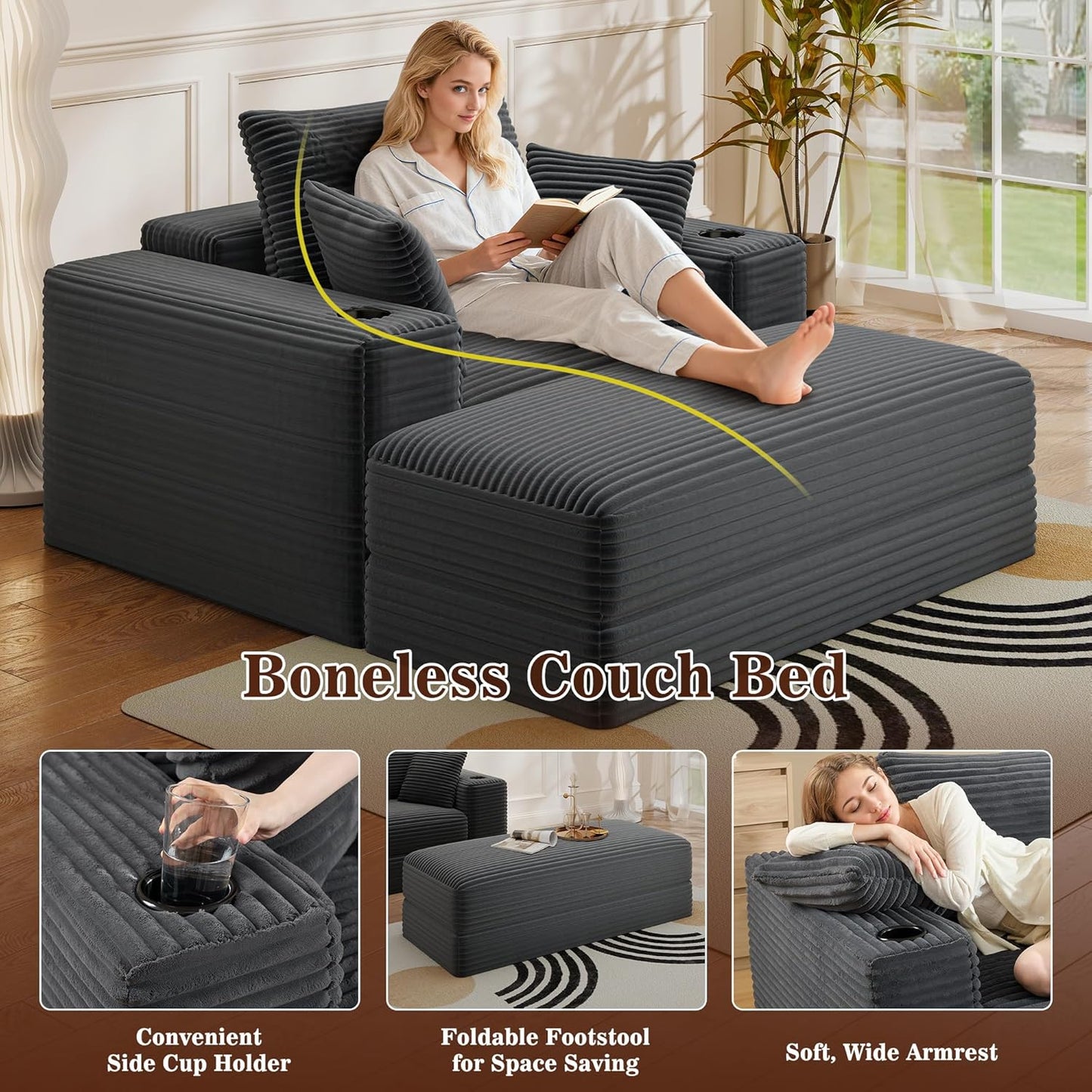 52" Boneless Chaise Lounge Chair Indoor — Oversized Cloud-Like Cozy Comfy Modular 3-In-1 Sofa Bed for Reading, Living Room & Bedroom Corduroy Couch Sleeper, Grey