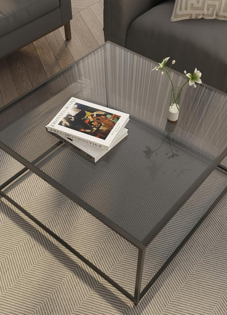 Contemporary Square Glass Coffee Table for Living Room - Tempered Glass Surface with Durable Metal Frame, Perfect for Compact Spaces, Easy Assembly, 26.4 x 26.4 x 15.7 Inches, Gray and Black