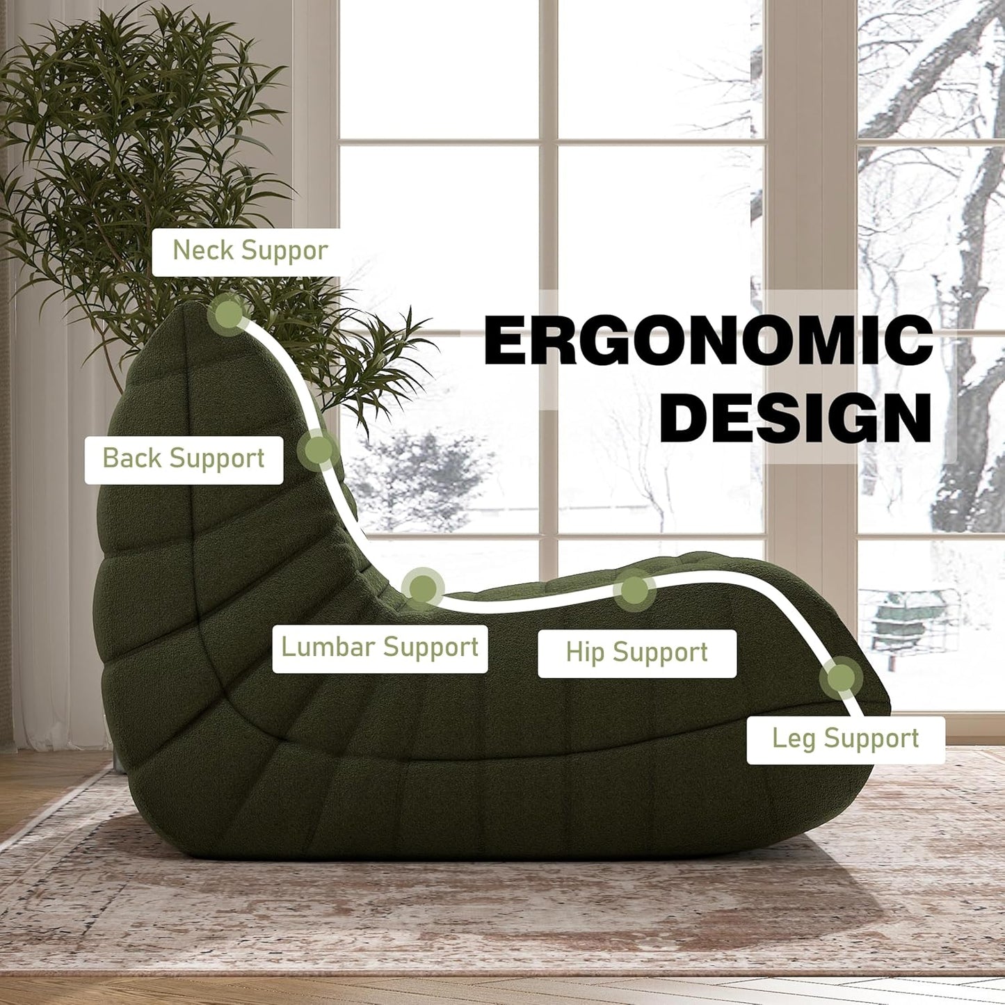 Bean Bag Chair, Fireside Chair Bean Bag Sofa Large Bean Bag Chair for Adults, Bean Bag Chairs for Teens with High Density Comfortable Foam, Memory Foam Lazy Sofa for Living Room, Bedroom (Green)