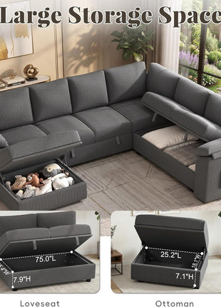 108-Inch U-Shaped Modular Sectional Sleeper Sofa Bed, 7-Seat Design with Storage, Corduroy Fabric, Removable Cover, Dark Grey